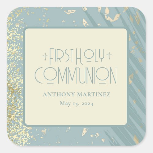 Personalized First Holy Communion Blue Gold Cross Square Sticker