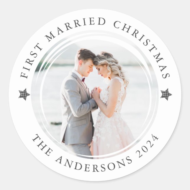 Personalized First Married Christmas Photo Classic Round Sticker (Front)