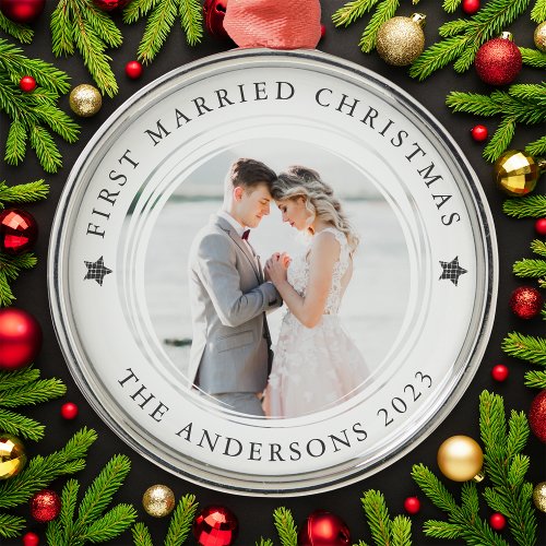 Personalized First Married Christmas Photo Metal Ornament