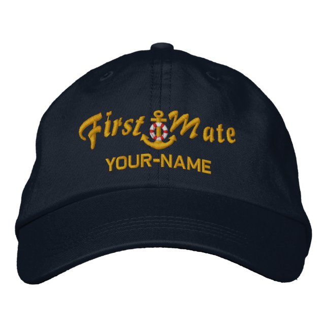 Personalized First Mate Lifesaver Anchor Golden Embroidered Baseball Cap (Front)
