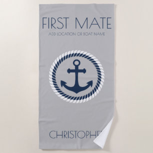 Personalized First Mate Nautical Anchor Boat Name Beach Towel
