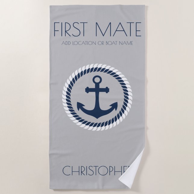 Personalized First Mate Nautical Anchor Boat Name Beach Towel (Front)