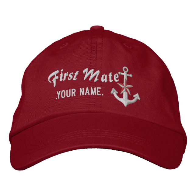 Personalized First Mate Nautical Anchor White Embroidered Baseball Cap (Front)