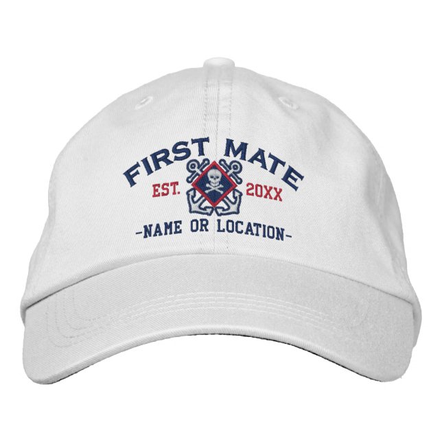 Personalized First Mate Nautical Crossbones Skull Embroidered Baseball Cap (Front)