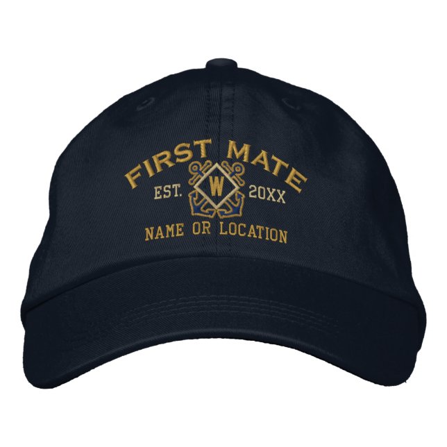 Personalized First Mate Nautical Monogram & more Embroidered Baseball Hat (Front)