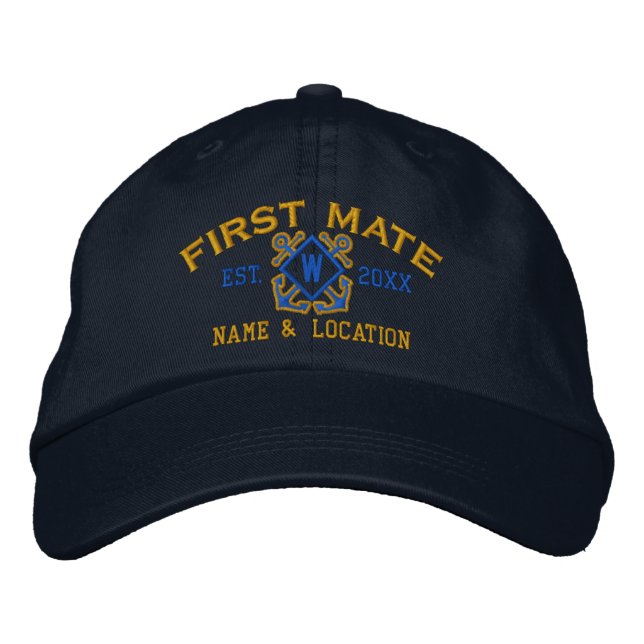 Personalized First Mate Nautical Monogram & more Embroidered Baseball Hat (Front)