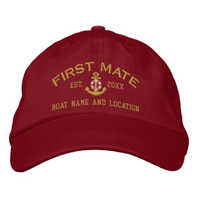 Personalized First Mate YEAR and Names Embroidered Baseball Hat (Front)