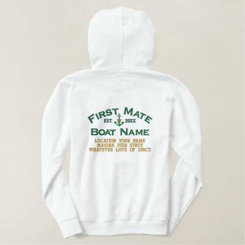 Personalized FIRST MATE YEAR Names Boats Anchor Embroidered Hoodie