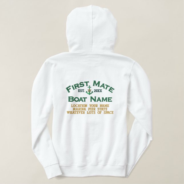 Personalized FIRST MATE YEAR Names Boat's Anchor Embroidered Hoodie (Design Back)