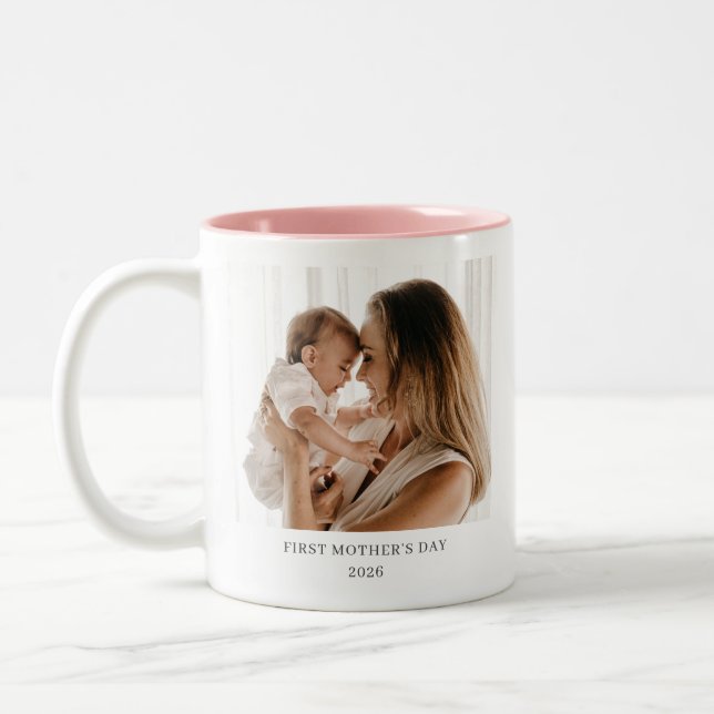 Personalized First Mother's Day Mom Baby Photo Two-Tone Coffee Mug (Left)