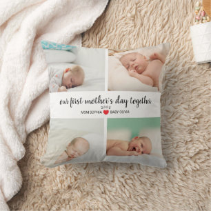 Personalized First Mother's Day With 4 Photos Throw Pillow