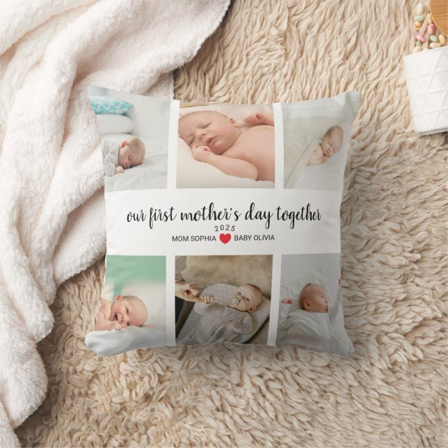 Personalized First Mother's Day With 6 Photos Throw Pillow (Blanket)