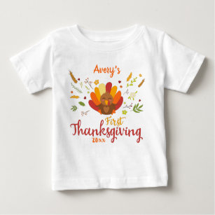 Personalized First Thanksgiving illustrated turkey Baby T-Shirt