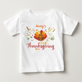 Personalized First Thanksgiving illustrated turkey Baby T-Shirt