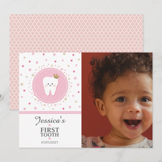 Personalized First Tooth Baby Girl Photo Card (Front/Back)