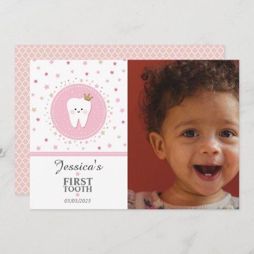Personalized First Tooth Baby Girl Photo Card