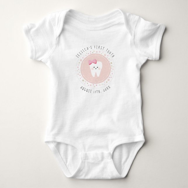 Personalized First Tooth Girl Milestones Outfit. Baby Bodysuit (Front)