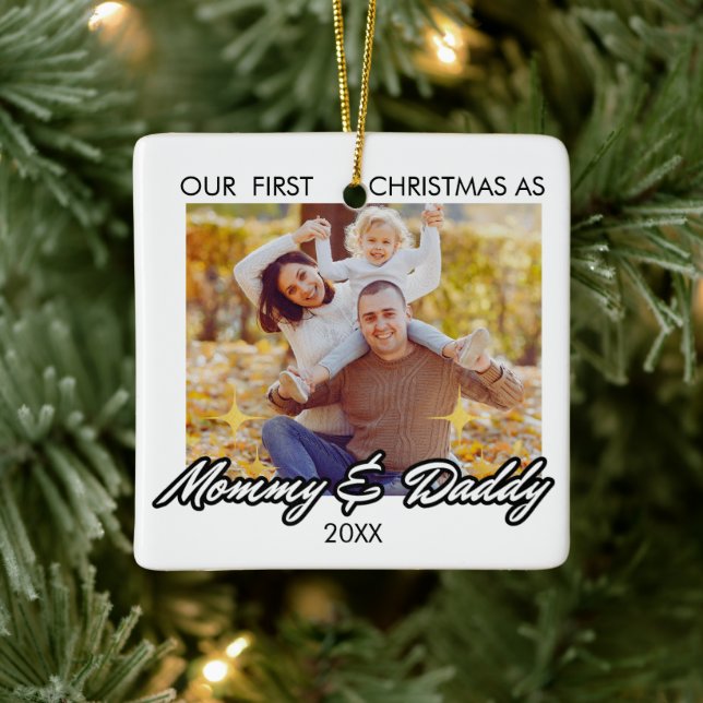 Personalized First Xmas as Mommy and Daddy Photo Ceramic Ornament (Tree)