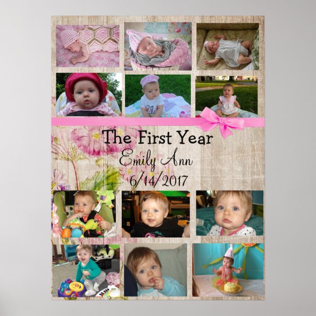 Personalized First Year Collage Baby Photo Poster (Front)