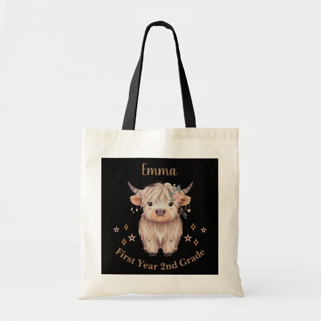 Personalized First Year Second Grade Highland Cow  Tote Bag (Front)