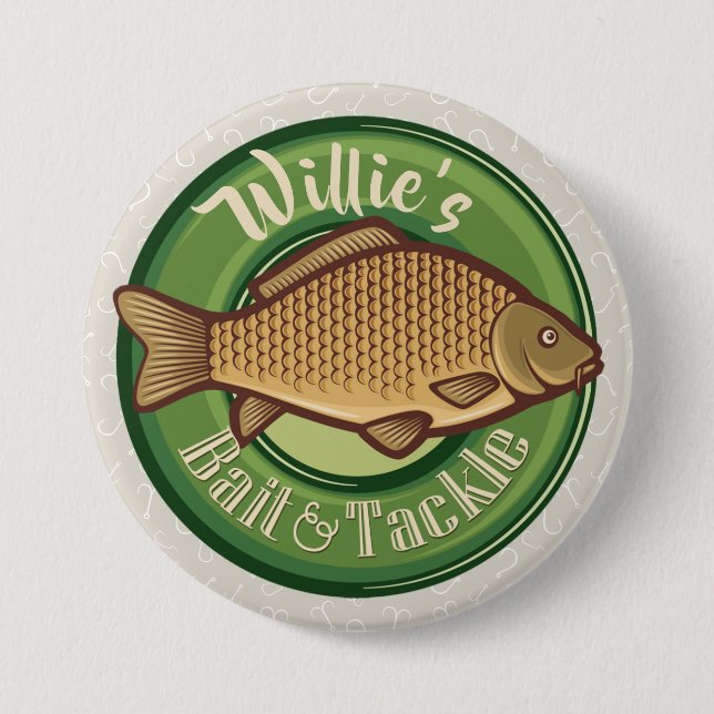 Personalized Fish and Tackle Shop Fishing Angler Button (Front)