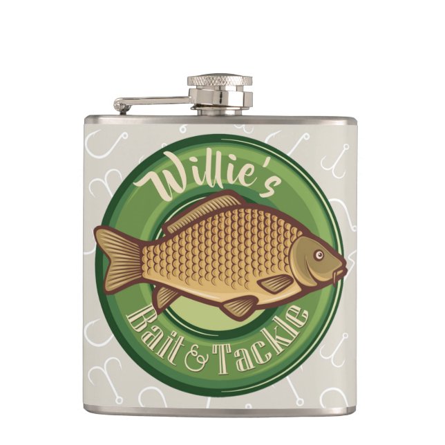 Personalized Fish and Tackle Shop Fishing Angler Flask (Front)