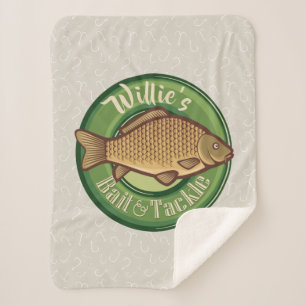 Personalized Fish and Tackle Shop Fishing Angler Sherpa Blanket