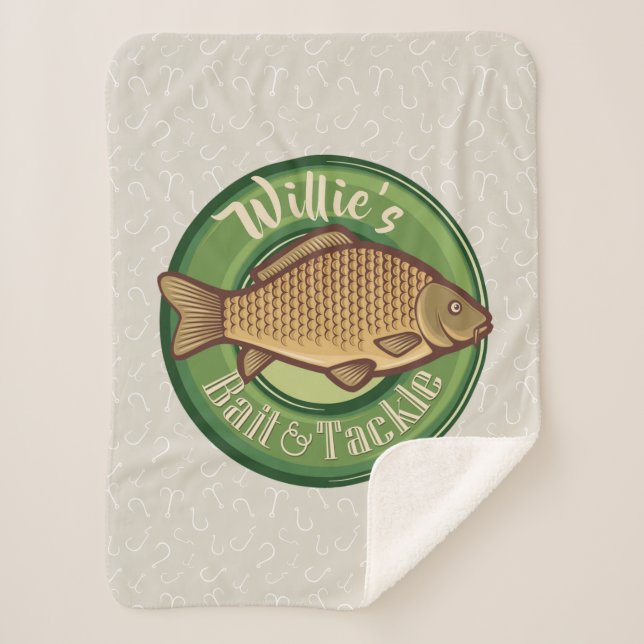 Personalized Fish and Tackle Shop Fishing Angler Sherpa Blanket (Front)