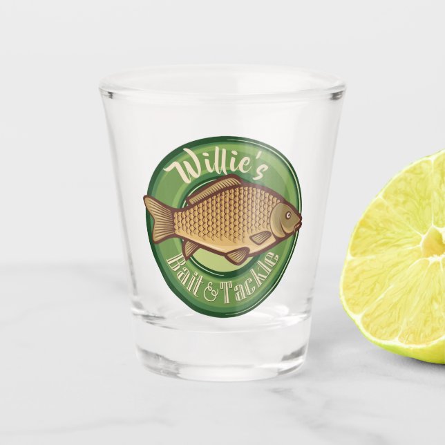 Personalized Fish and Tackle Shop Fishing Angler Shot Glass (Front)