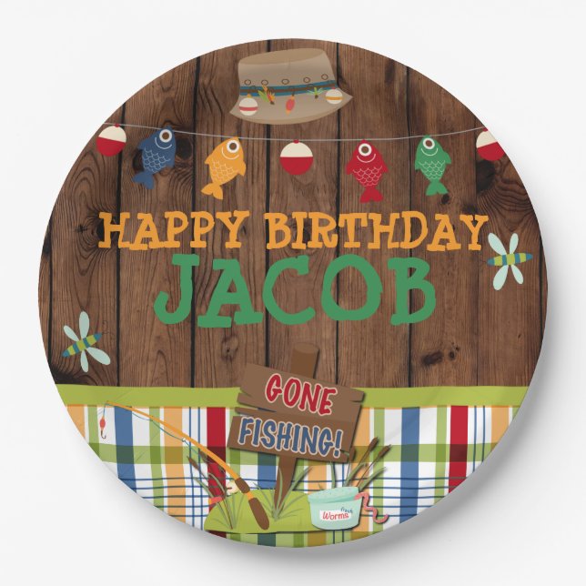 Personalized Fishing Birthday Party Paper Plates (Front)