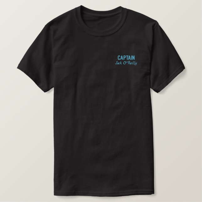 Personalized Fishing Boat Captain Blue and Black Embroidered T-Shirt (Design Front)