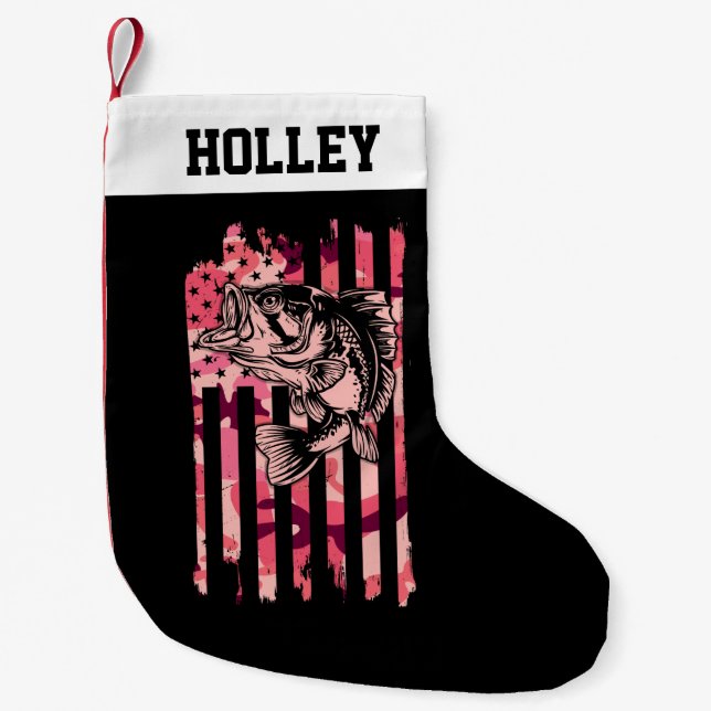 Personalized Fishing Camouflage US Flag Small Christmas Stocking (Front)