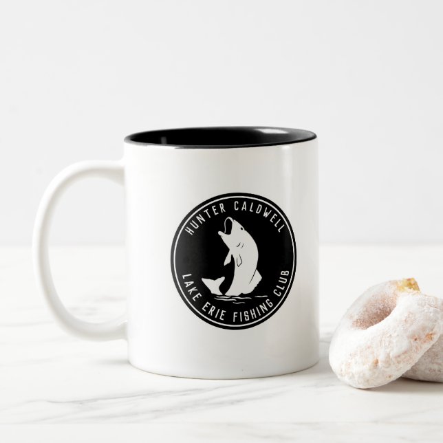 Personalized fishing emblem black and w Two-Tone coffee mug (With Donut)