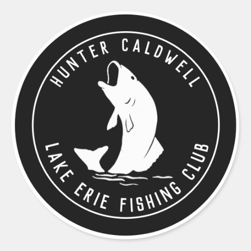 Personalized fishing emblem black classic round sticker