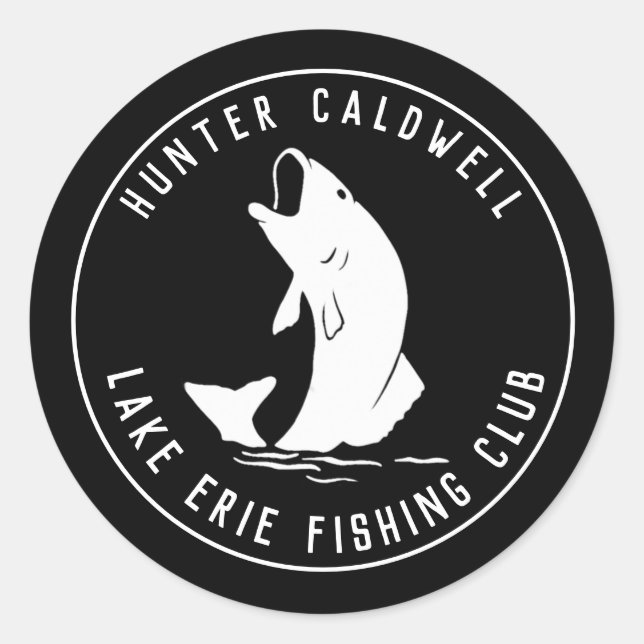 Personalized fishing emblem black classic round sticker (Front)