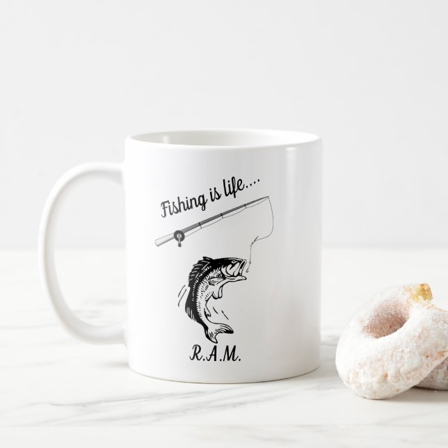 Personalized Fishing Is Life Fish Rod and Reel Coffee Mug (With Donut)