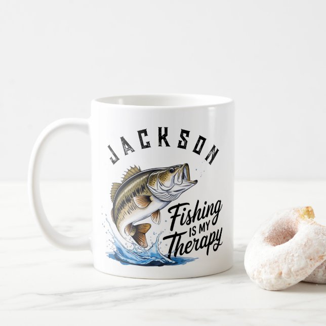 Personalized Fishing is My Therapy Coffee Mug (With Donut)