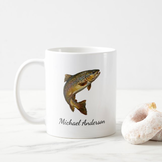 Personalized Fishing Lover  – Trout Fishing Design Coffee Mug (With Donut)