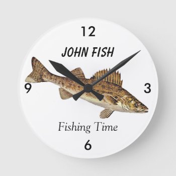 Personalized "fishing Time" With Walleye Pike Round Clock by DakotaInspired at Zazzle