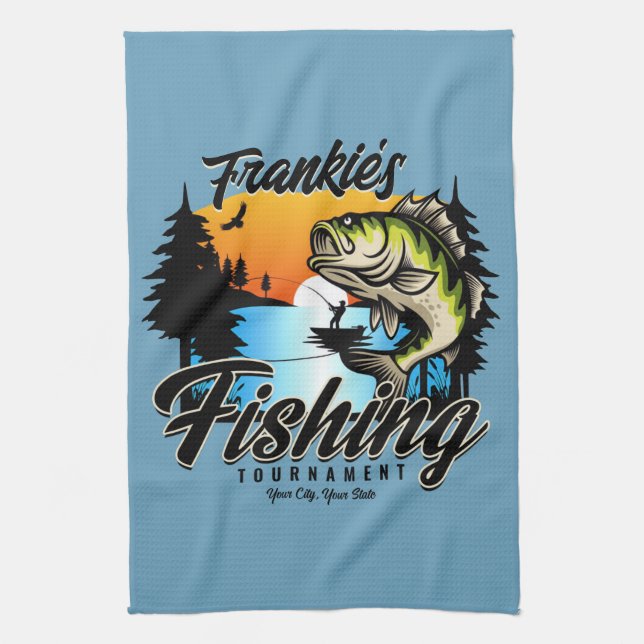 Personalized Fishing Tournament Fish Angler Trout Kitchen Towel (Vertical)