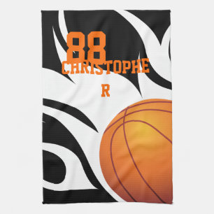 Personalized Flaming Basketball Black and White Towel