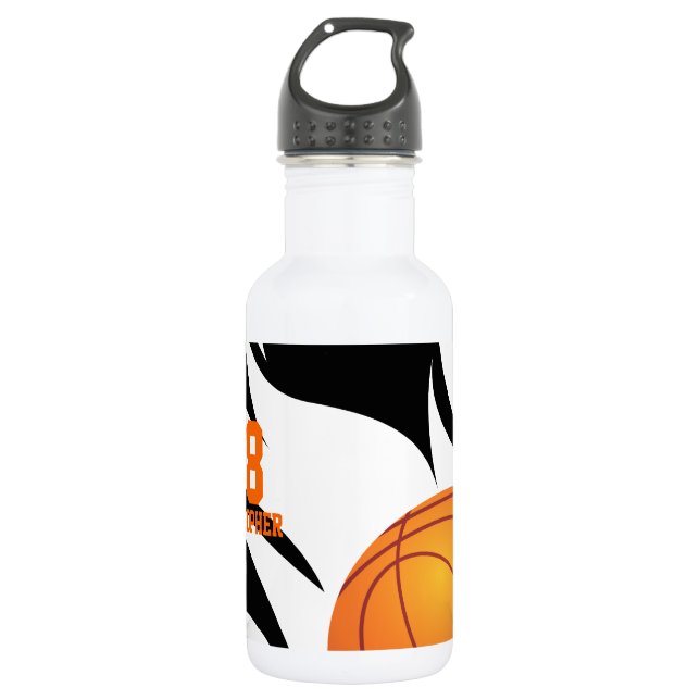 Personalized Flaming Basketball Black and White Water Bottle (Front)