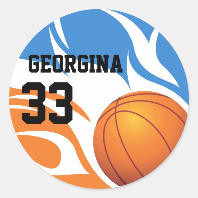 Personalized Flaming Basketball Blue and Orange Classic Round Sticker (Front)