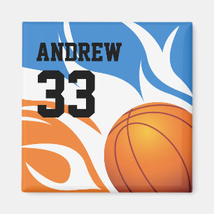 Personalized Flaming Basketball Blue and Orange Magnet