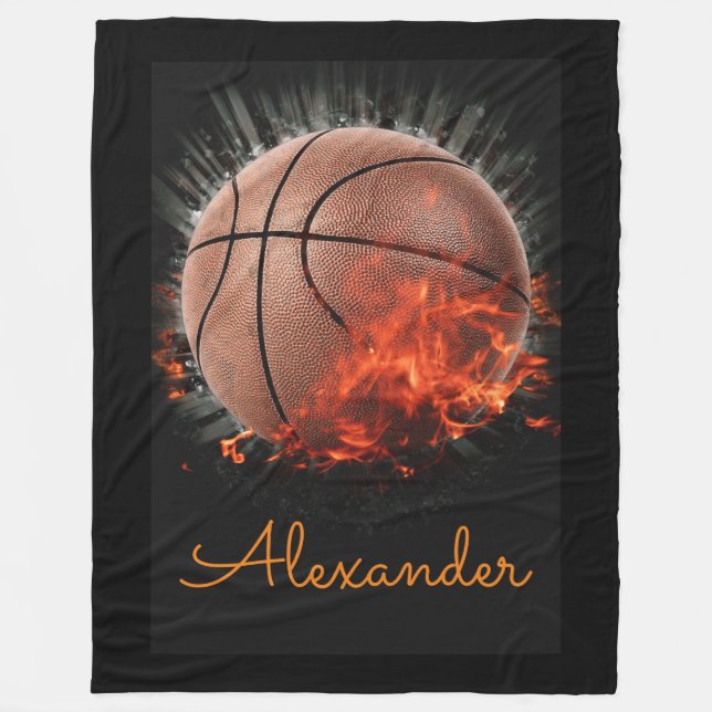 Personalized Flaming Basketball Fleece Blanket (Front)