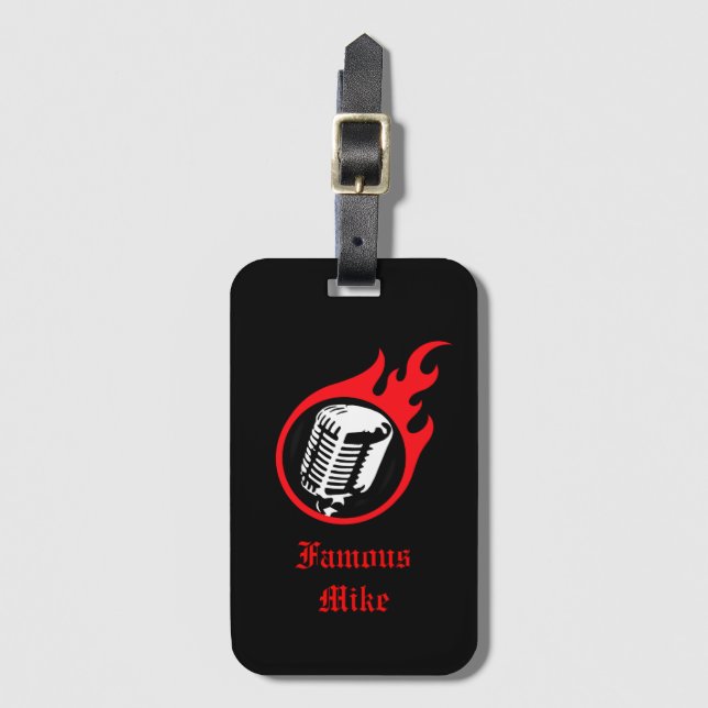 Personalized Flaming Microphone Luggage Tag (Front Vertical)