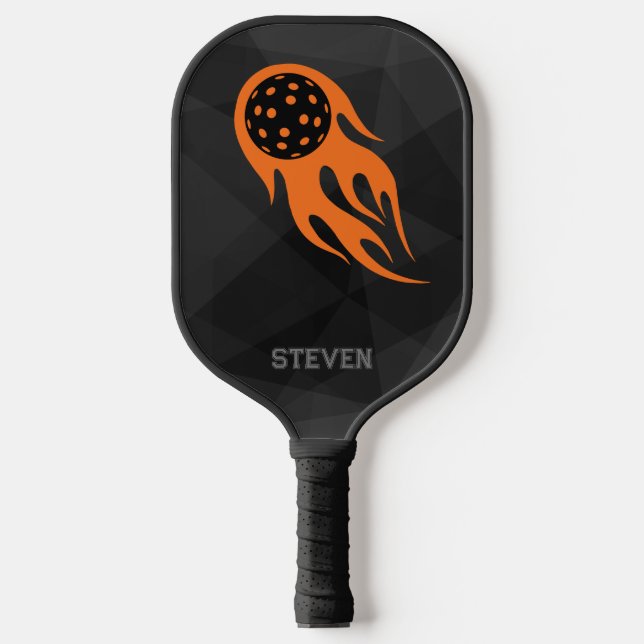Personalized Flaming Orange Pickleball on Black Pickleball Paddle (Front)