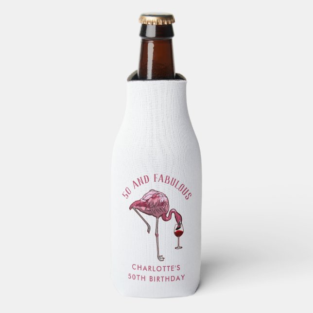 Personalized Flamingo 50th Birthday Novelty Swag Bottle Cooler (Bottle Front)