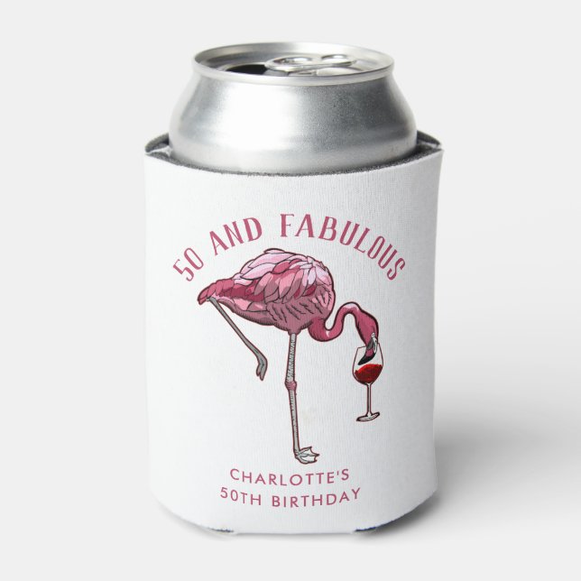 Personalized Flamingo 50th Birthday Novelty Swag Can Cooler (Can Front)