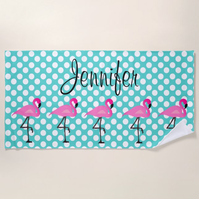 Personalized Flamingo and Polka Dot Beach Towel (Front)
